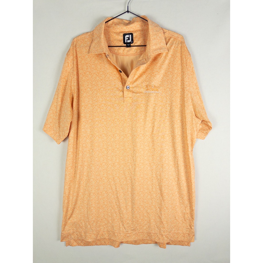 FootJoy FJ Floral Print Golf Polo Shirt Mens L Orange Performance Firethorne Clu